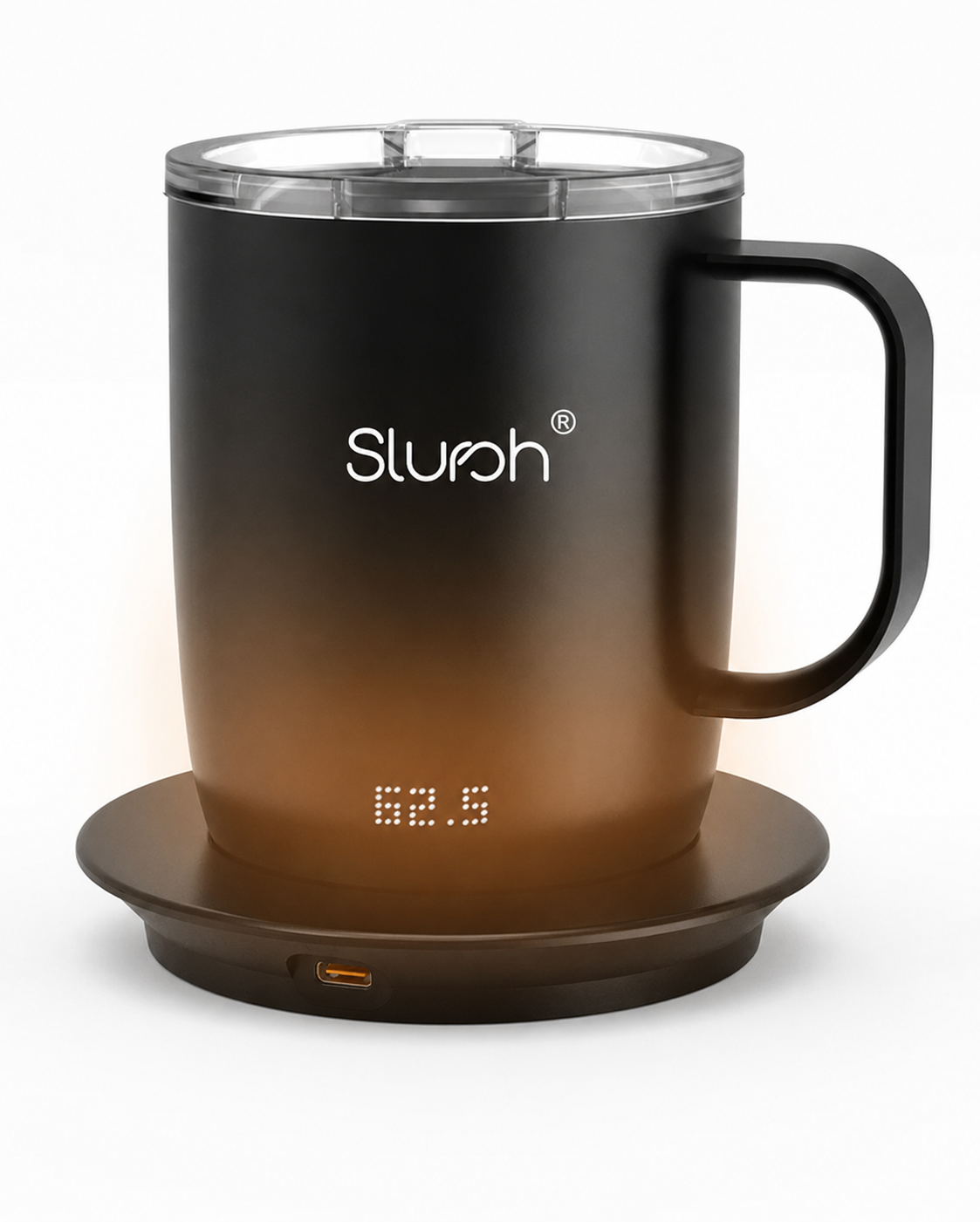 A close view of the Slursh Smart Mug resting on its warming base