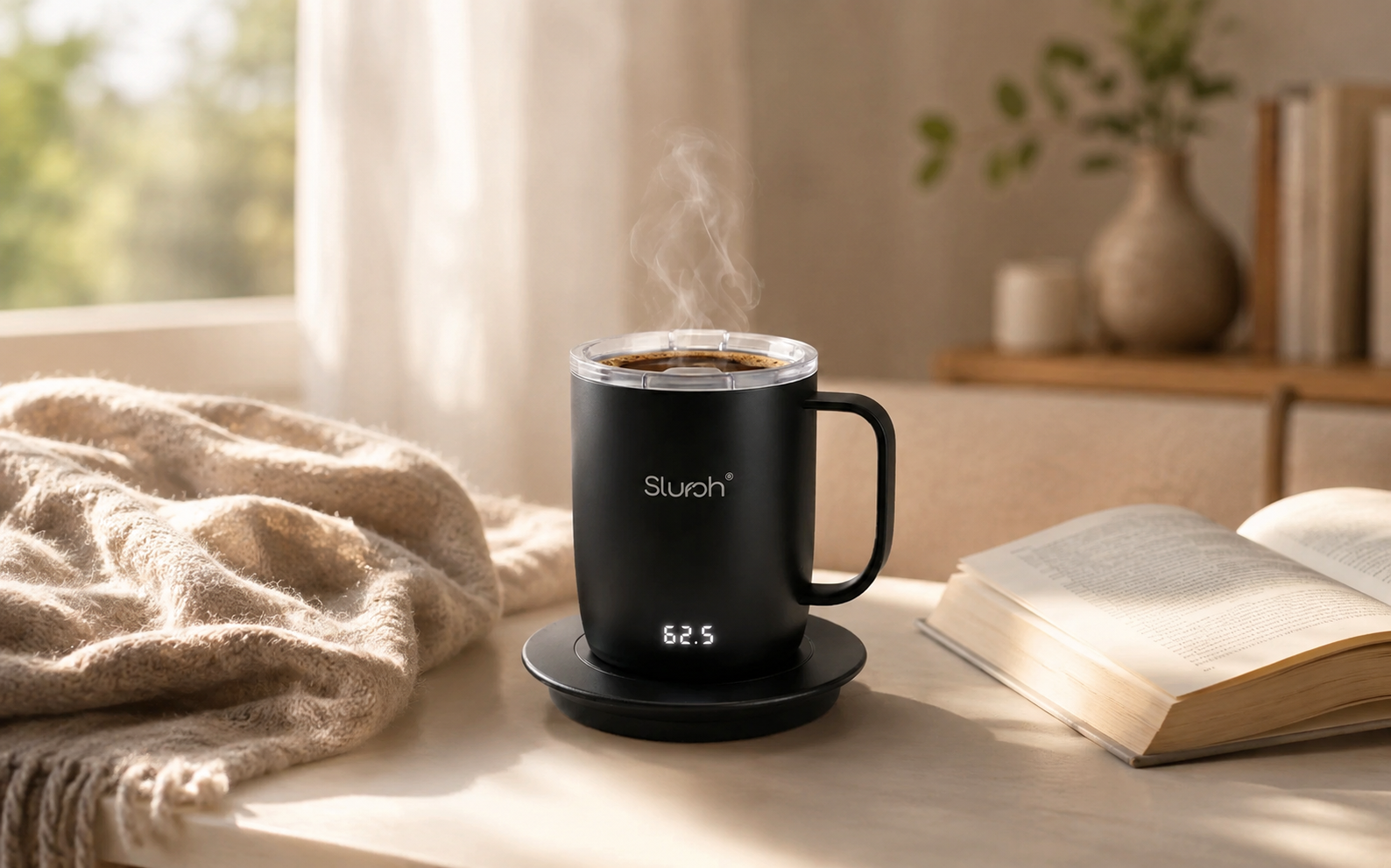 Slursh Smart Mug at a quiet morning desk setup