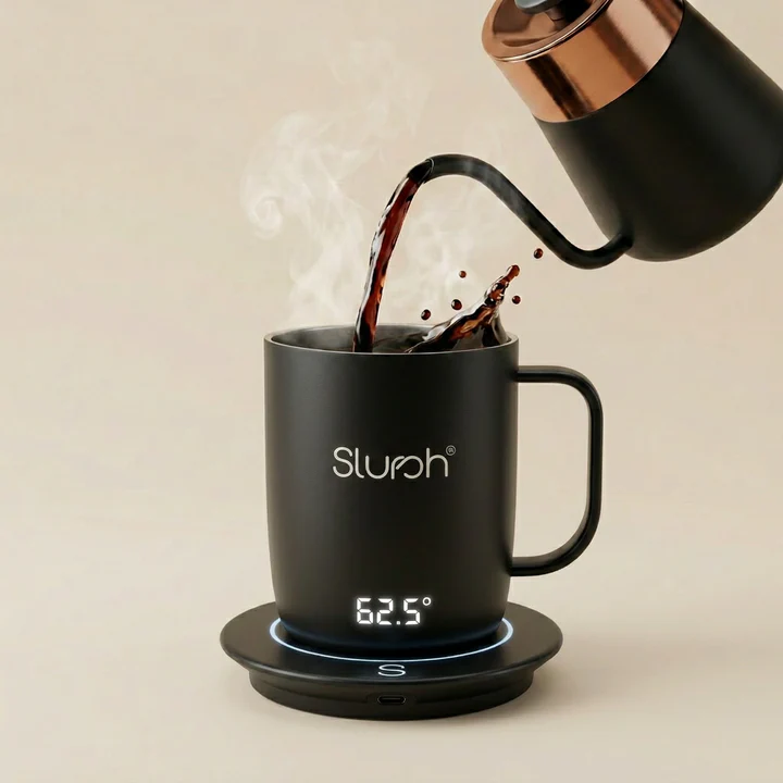 Coffee being poured into a Slursh Smart Mug with steam rising