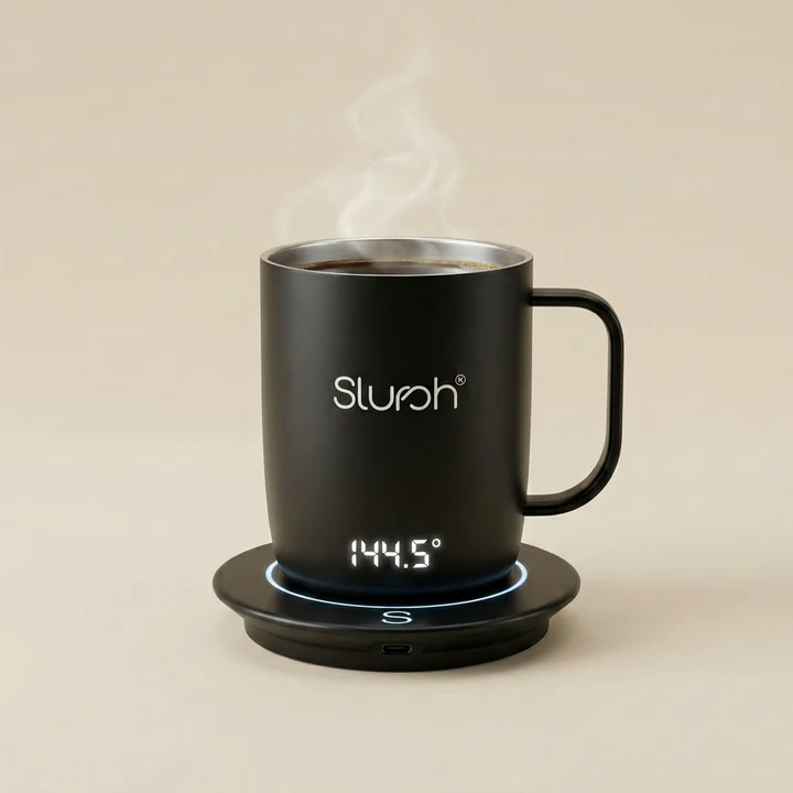Slursh Smart Mug glowing on its base displaying a steady temperature