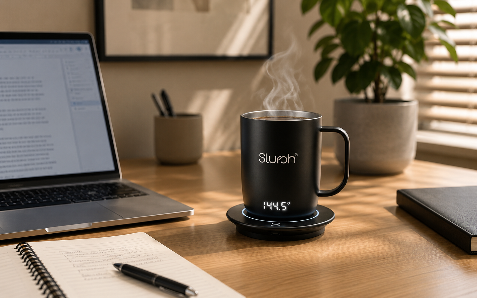 Working at a laptop with the Slursh Smart Mug close at hand