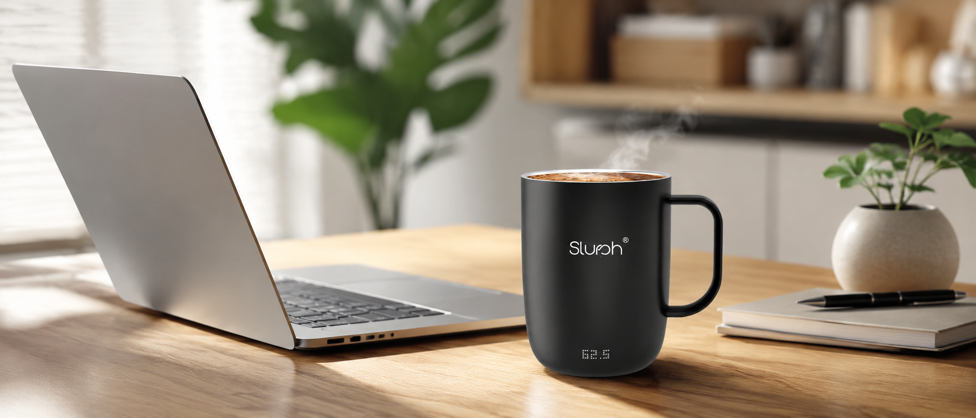 A modern wood desk with a laptop and the Slursh Smart Mug holding steady temperature