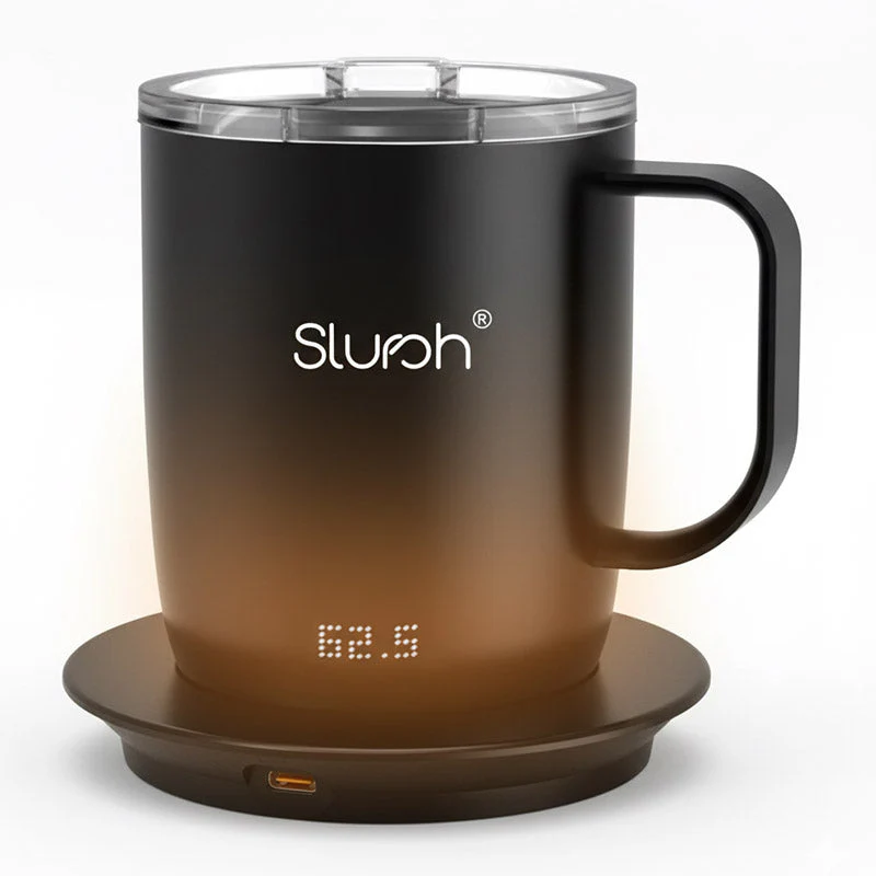 The Slursh Temperature Control Smart Mug glowing warmly on its coaster