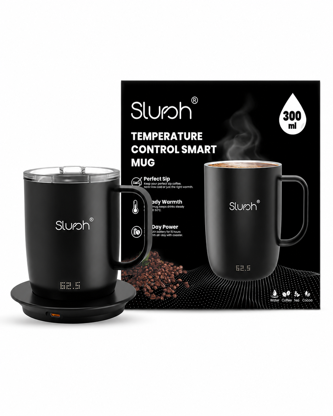 The Slursh Temperature Control Smart Mug next to its retail packaging
