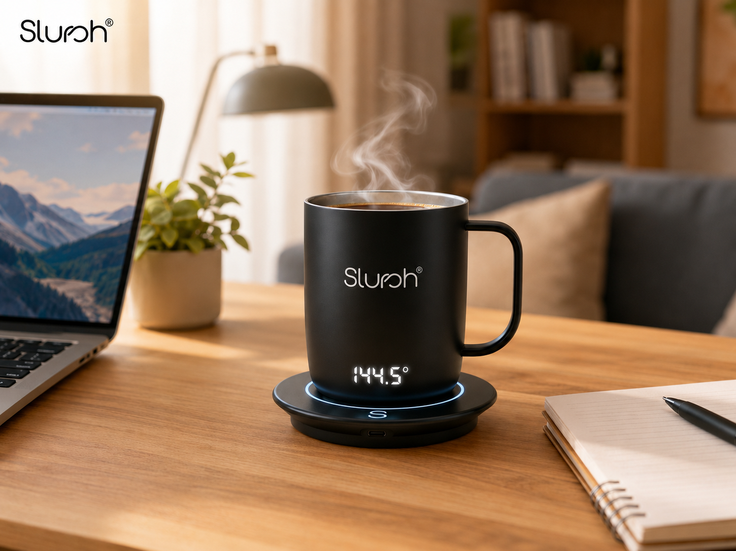 Office worker at a desk with the Slursh Smart Mug